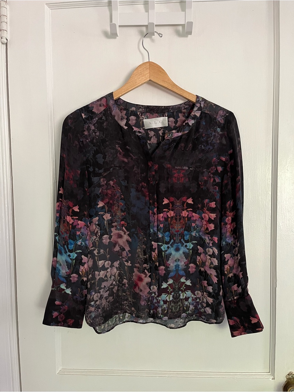 A.L.C. Black Floral Silk Button-Front Blouse with Pink & Blue Accents
